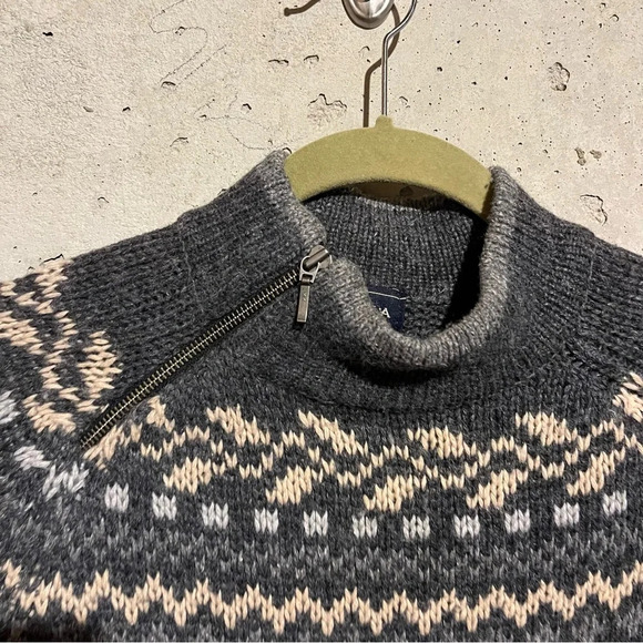 Vintage Women's S Sweater Fair Isle Wool Blend Mock Neck Zipper Cozy Grey - Picture 2 of 6